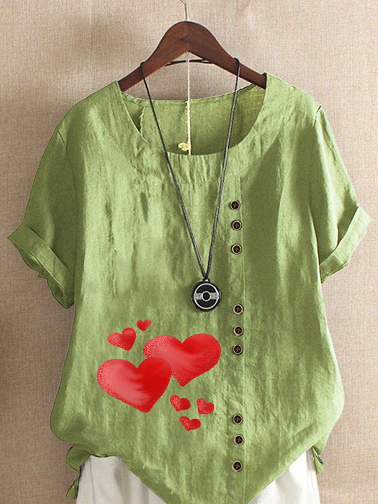 Women's Fashion Red Heart Print Round Neck Short Sleeve T-shirt Summer Casual Cotton Linen Graphic Shirt Leisure Loose Blouse Tops