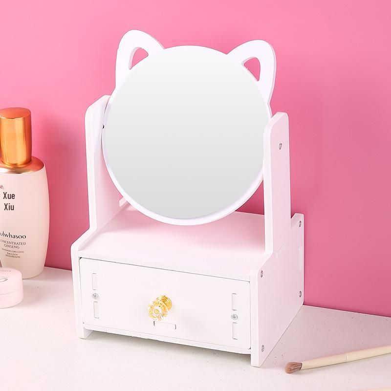 Поворотное зеркало для макияжа с кошачьими ушками и отделениями-ящичками - Настольное деревянное зеркало для макияжа
