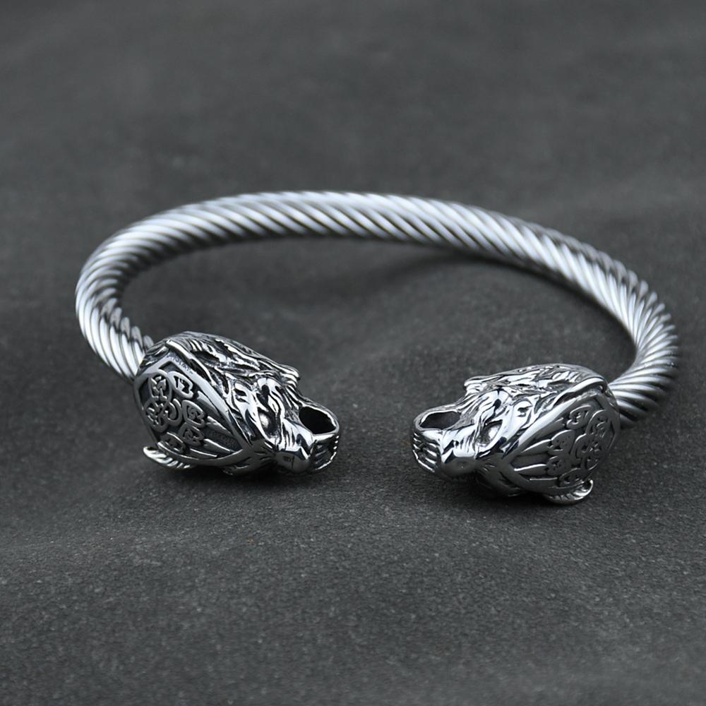 Pulseira Viking de Lobo em Aço Inoxidável Masculina com Amuleto de Pata de Urso Geri Freki para Presente Masculino