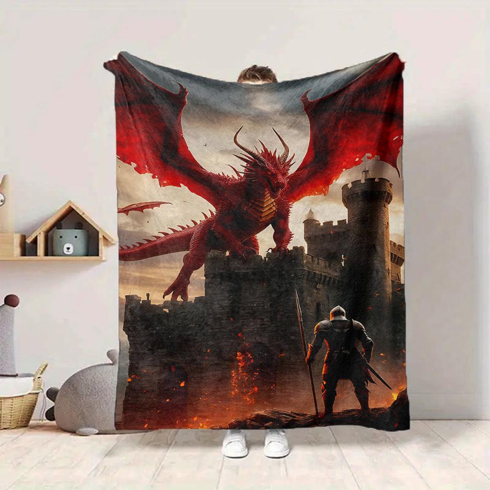 1pc Dragon Castle Lightweight Flannel Blanket, Comfortable and Warm Blanket, for Office and Camping Sofa Bed, Livingroom078