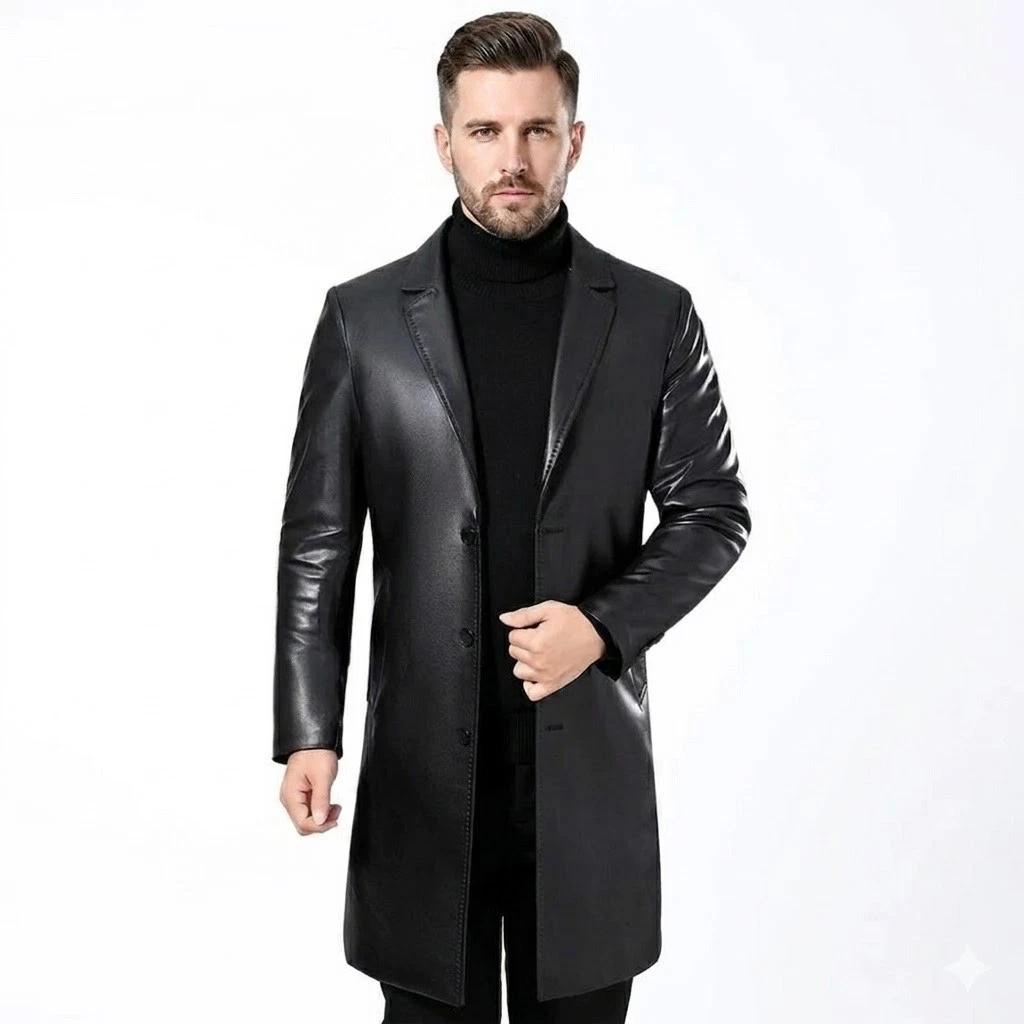 Fashionable Handmade Men s Stylish Trench Coat Black Lambskin Leather Casual Fit S чёрный