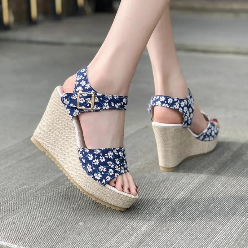 Women's Sandals Wedegs Thick Soled 10cm High Heels Ladies Casual Summer Shoe Female Peep Toe Flowers Beach Heeled Sandales Femme