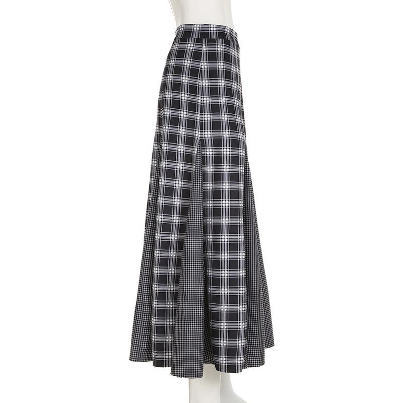 Women's Retro College Style Color Contrast Patchwork Check Low Waist Slimming All Matching Simple Skirt