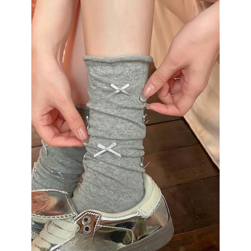 Spring and Summer Cute Bow Tie Pile-up Socks, Fashionable and Versatile Long Stockings, Lightweight and Breathable Calf Socks for Women