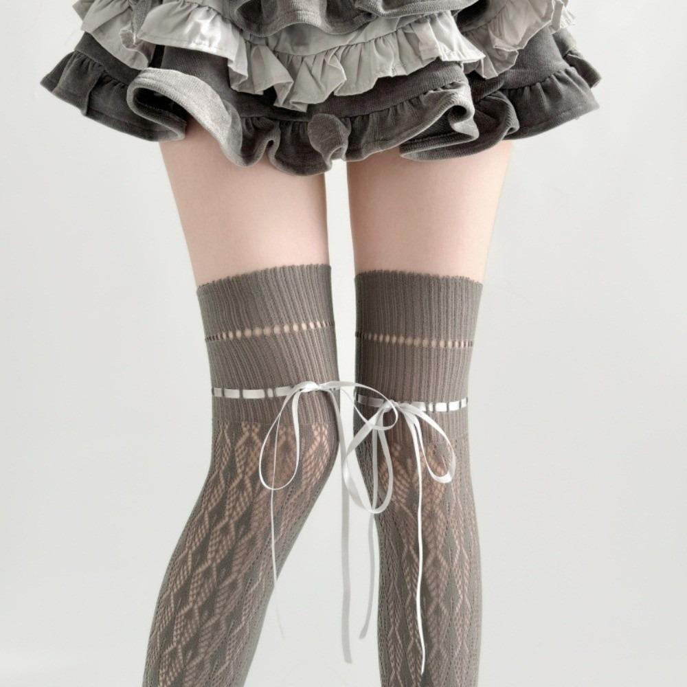 Hollow Out Lace Bow Stockings Sheer Mesh Knee High Socks New Lolita Stockings JK