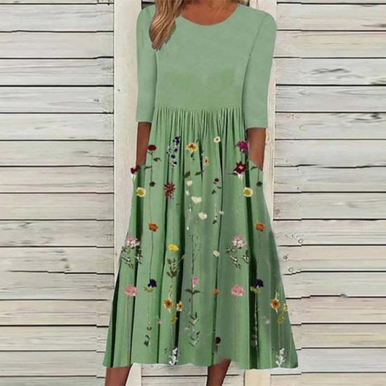 Women Floral Boho Summer Swing Dress Midi Length Flowy Pleated with Pockets Casual Crew Neck Half Sleeve