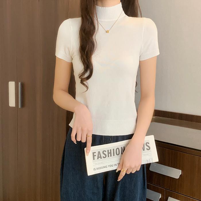 

Весенне-летняя новая полуводолазка однотонная приталенная короткая вязаная футболка с коротким рукавом топ average size белый