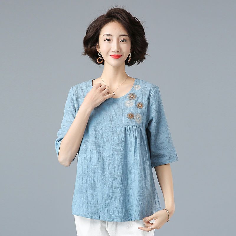 

Плюс размер M-3XL Женская летняя свободная футболка из хлопка и льна с рукавами до середины рукава с круглым вырезом Модные винтажные принты в китайском стиле с вышивкой повседневные топы 3XL синий