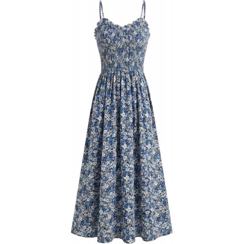 Bohemian 2026 Summer Thin Shoulder Strap High Sense Shrinkled Floral Long Dress Women S