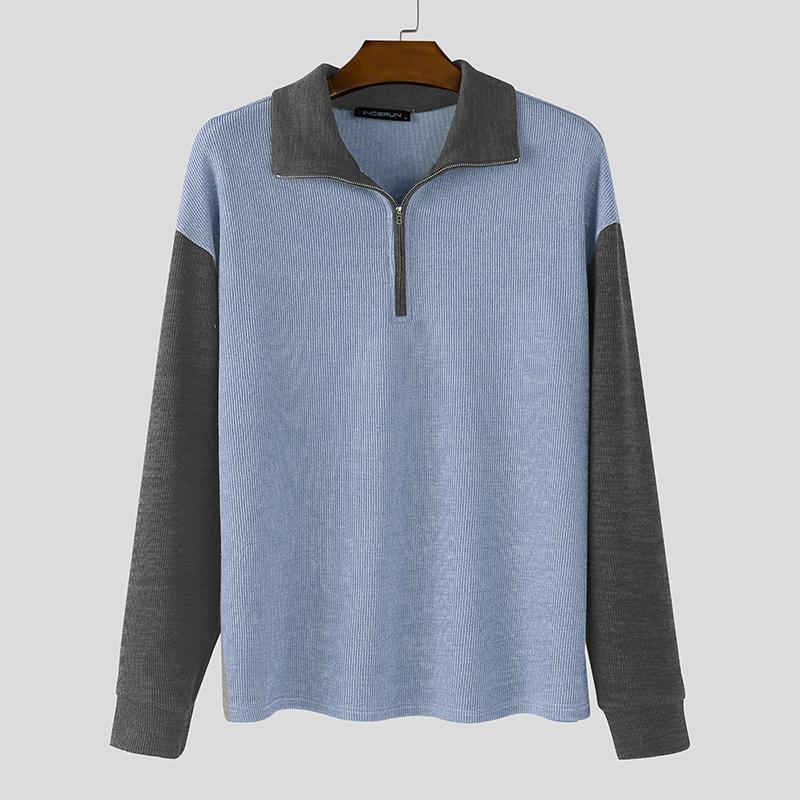 INCERUN Autumn Men Zip-up Lapel Long Sleeve Stitching Rib Knitted Pullovers Tops