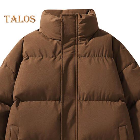 Men Cotton Coat Stand Collar Long Sleeve Solid Color Zipper Placket Quilted Jacket Drawstring Hem Thickened Loose Fit Outwear