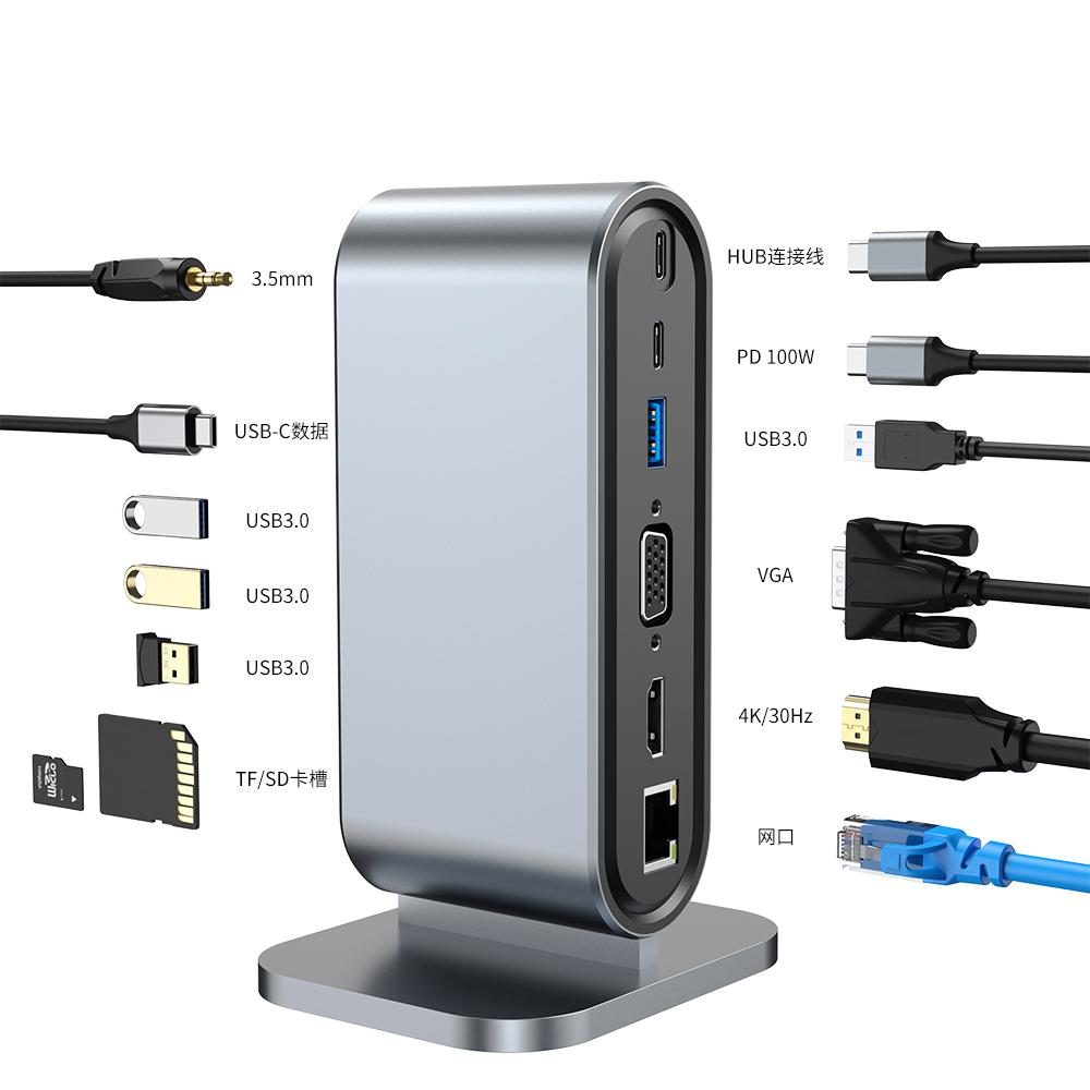Premium 12-in-1 Usb C Hub Multifunction Type C Docking Station Vedio VGA RJ45(100Mbps) USB3.0*4 SD USB-C Hub Adapter Laptop