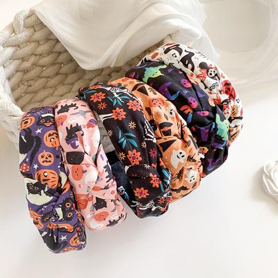 Quirky Cartoon Skull Pumpkin Hair Bands for Children Knotted Wide Phantom Headband Girls Halloween Hair Accessories