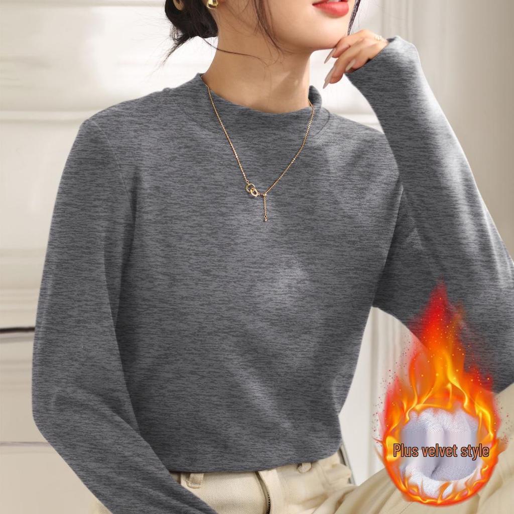 2026 Women's Fleece-Lined Slim Fit T-Shirt: Simple Round Neck Base Layer for Spring, Autumn, Winter