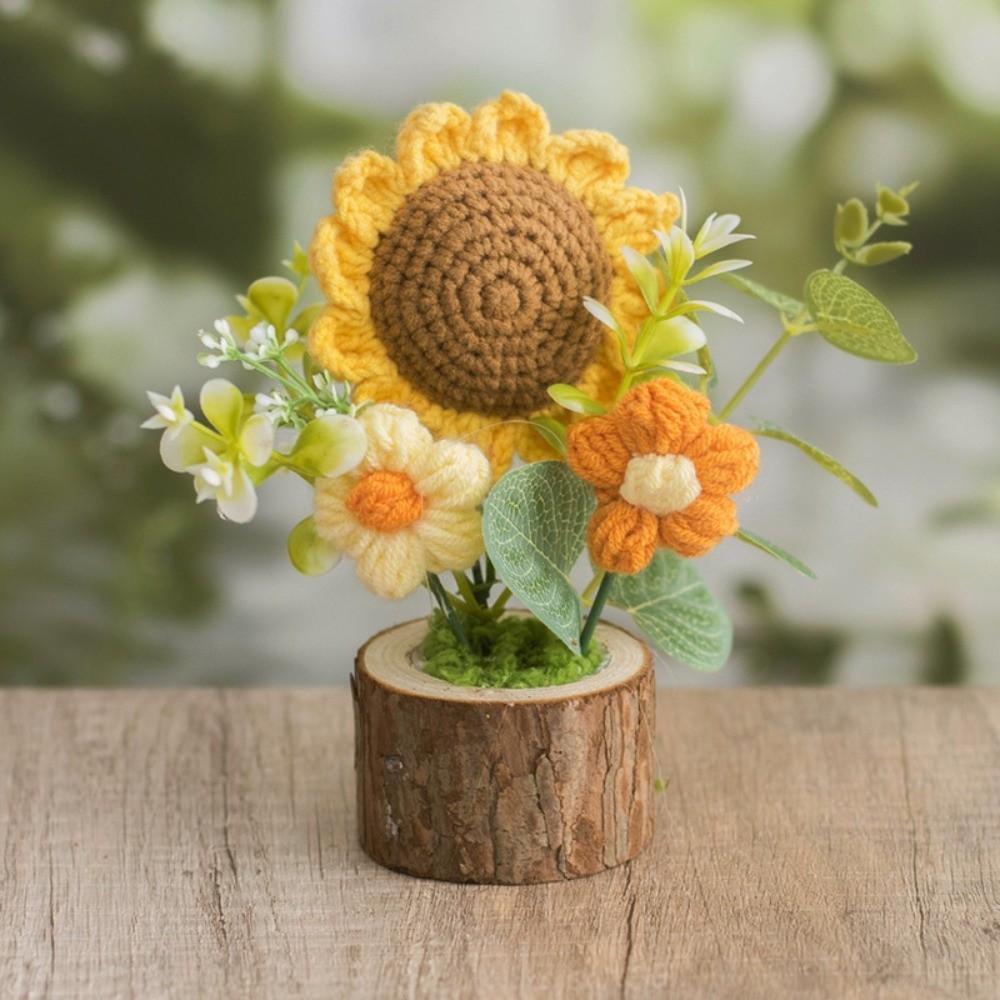 Hand-woven Knitted Flowers Potted Sunflower Tulip DIY Craft Artificial Flower Cute Design Colorful Handmade Plant Decor