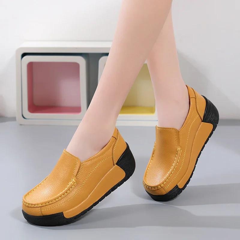 Spring Genuine Leather Casual Shoes Women Lightweight Thick Bottom Wedges Shoes Ladies Non-Slip Height-Increasing Flatform Shoes
