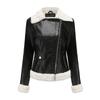 Womens Fleece-Lined PU Leather Jacket With Fur Collar Classic Turn-Down Long Sleeve Winter Commute Casual Wear