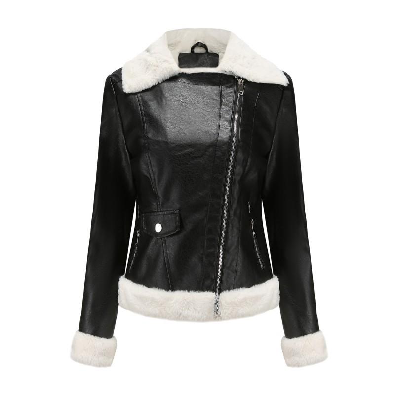 Womens Fleece-Lined PU Leather Jacket With Fur Collar Classic Turn-Down Long Sleeve Winter Commute Casual Wear