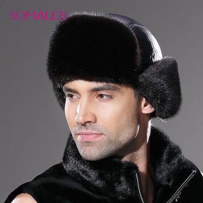 Winter Männer Echtes Leder Pelzmütze Echt Nerz Pelz Earflap Uschanka Hut