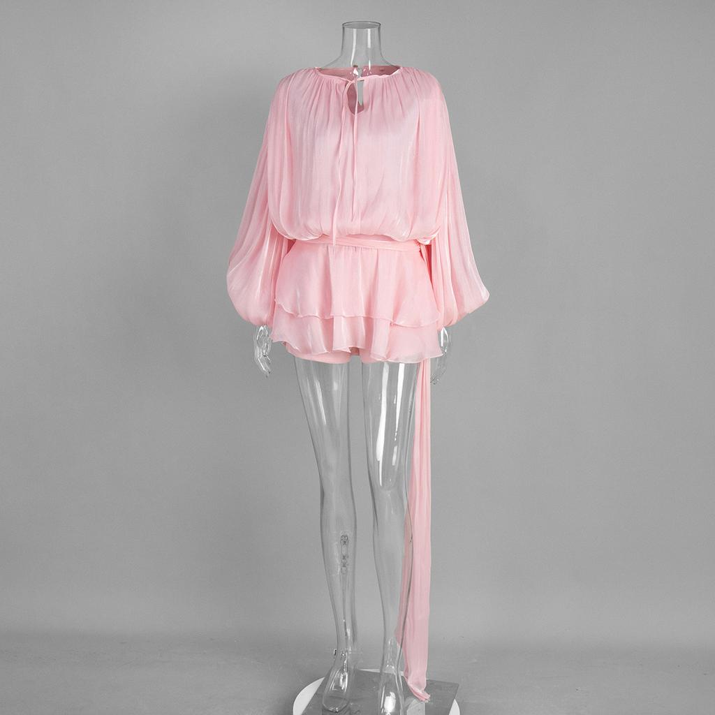 Chiffon-Langarmkleid Europäischer und Amerikanischer Sommer Neues Laternenärmel Schnürung Kurzer Rock Rüschen Blattkante Kleid