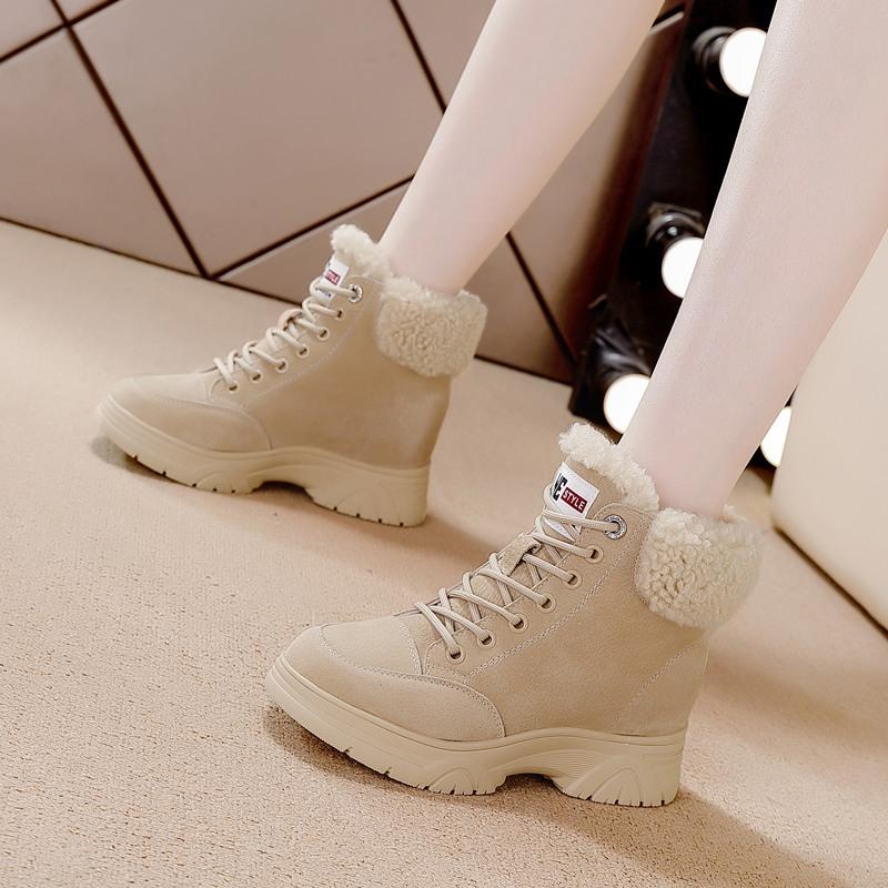 Höhenverstellende Kurzstiefel für Herbst und Winter, thermische Baumwollstiefel aus Samt, Schnürstiefel mit dicker Sohle, vielseitige Martin-Stiefel für Damen
