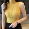 WTEMPO Solid Slim Thin Knitted Vests Women Spring Solid Half High Collar Shirts Female Elegant Casual Sleeveless Tops