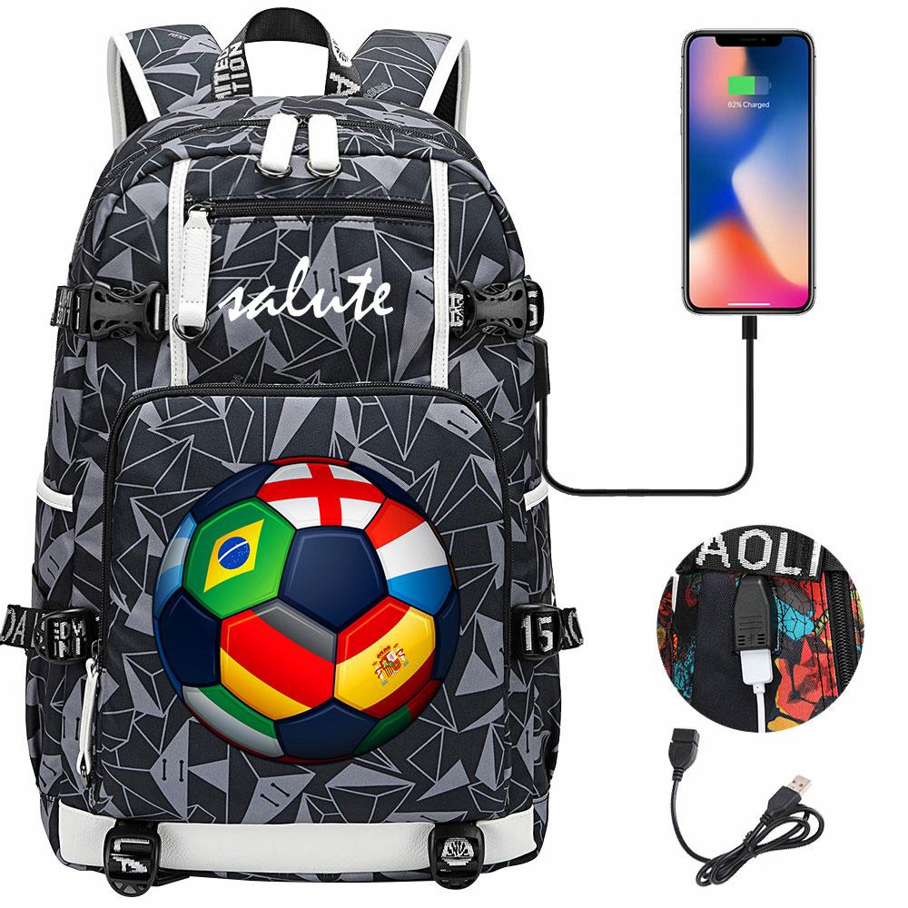 Soccer Print College Student Backpack with USB Charging Port Large Capacity Back To School Bags Women Men Laptop Travel Mochila