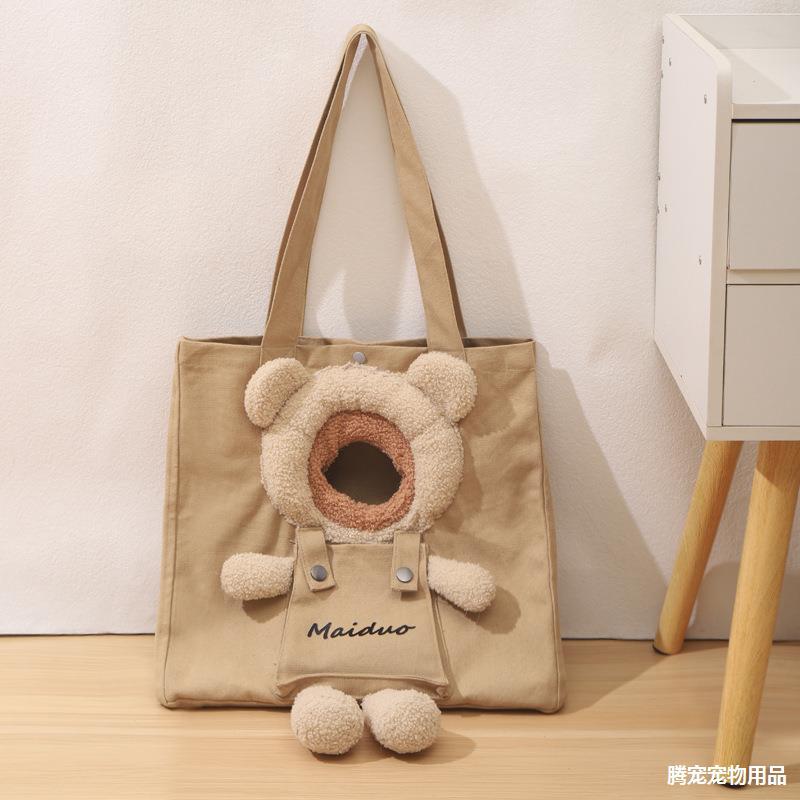 Cute Bear Canvas Going Out Cat Bag Can Be Exposed Cat Portable Small Dog Pet Backpack Shoulder Bag