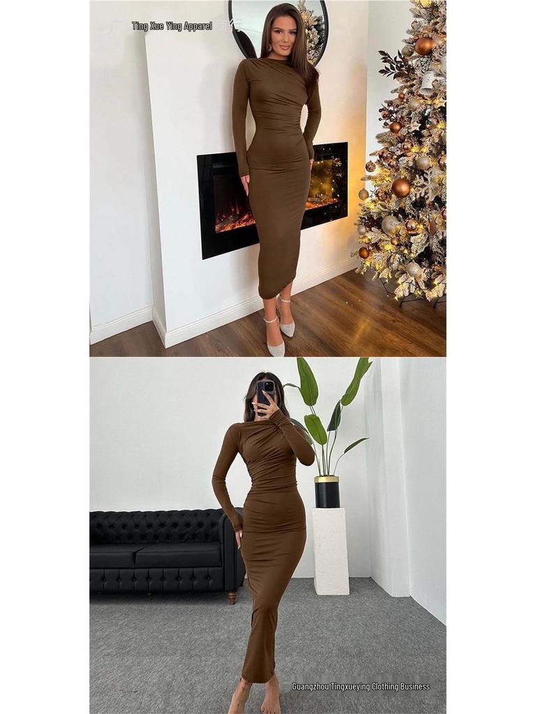 European Style Elegant Round Neck Long Sleeve Slim Fit Bodycon Dress