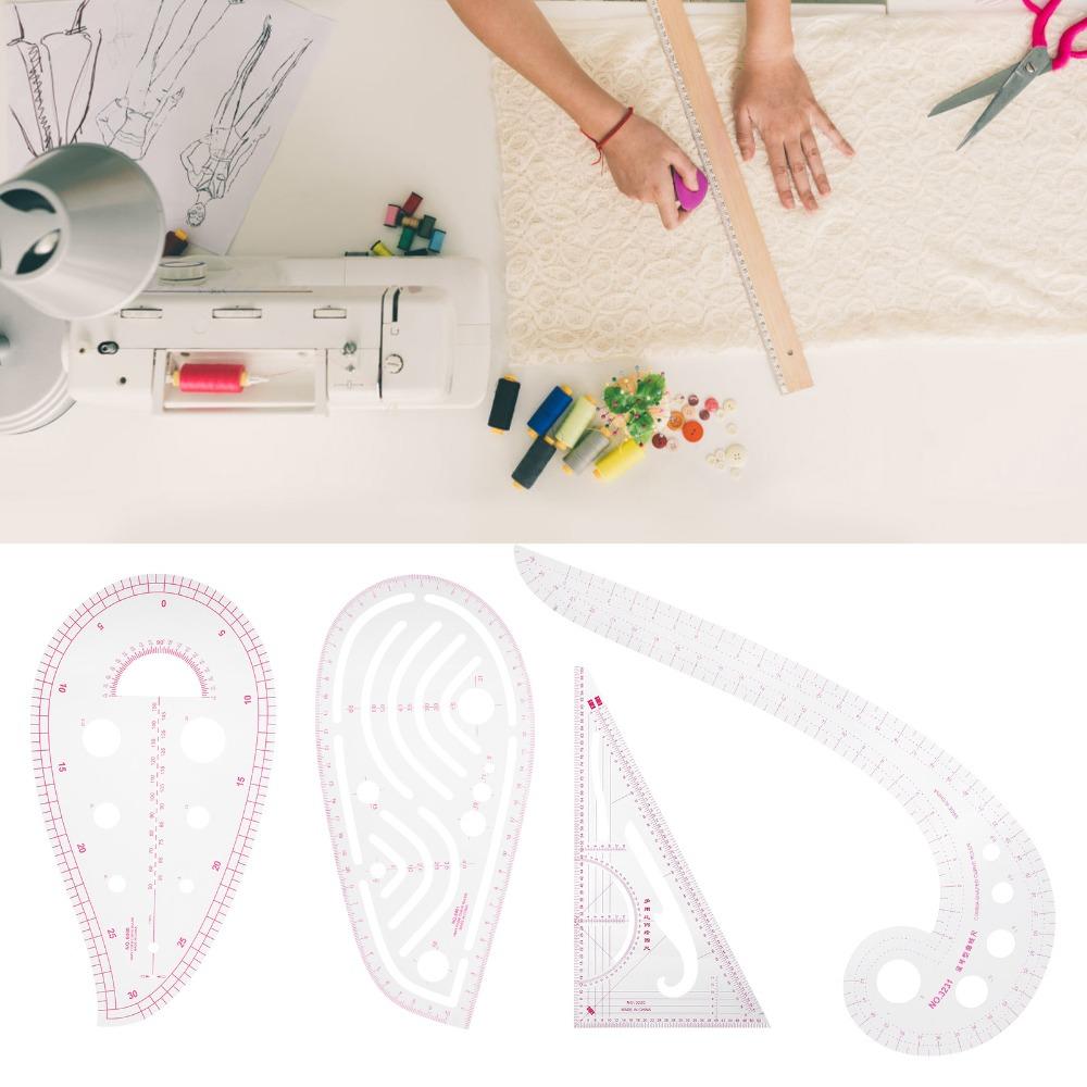 4Pcs Clear Transparent Sewing Ruler Kit Multi-Function Pattern Making Ruler For Tailors