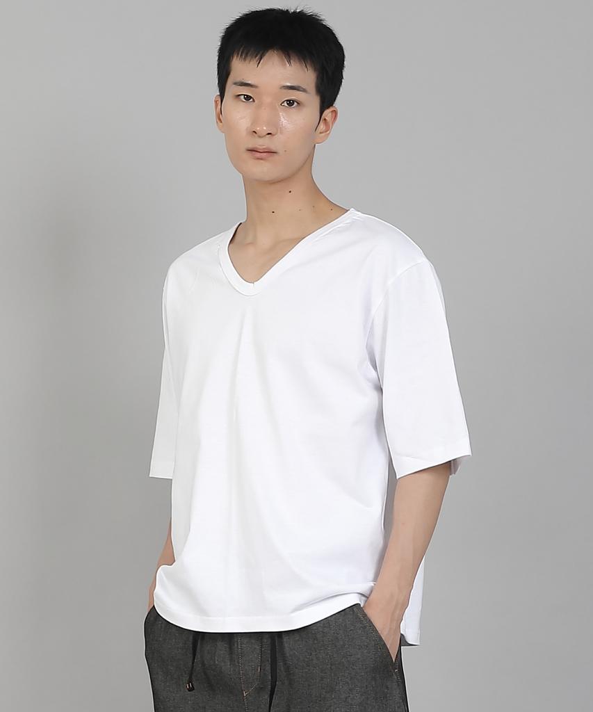 Seinteukeulu Plain V-Neck 16S Cotton Knee-Length Short Sleeve T-Shirt V-8A01 White