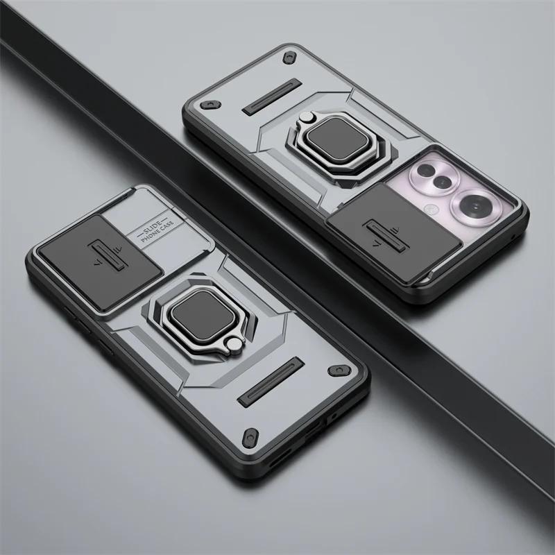 Slide Lens Camera Armor Case For OPPO Reno 12 Pro 11F 5G A60 4G Protective Cover Ring Magnetic Holder Shell Coque Fundas Capa