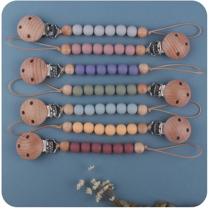 Beech Wood Chew Silicone Bead Pacifier Clips Dummy Chain Holder Newborn Soother Chains Nipple Holder Baby Teething Toys Gifts