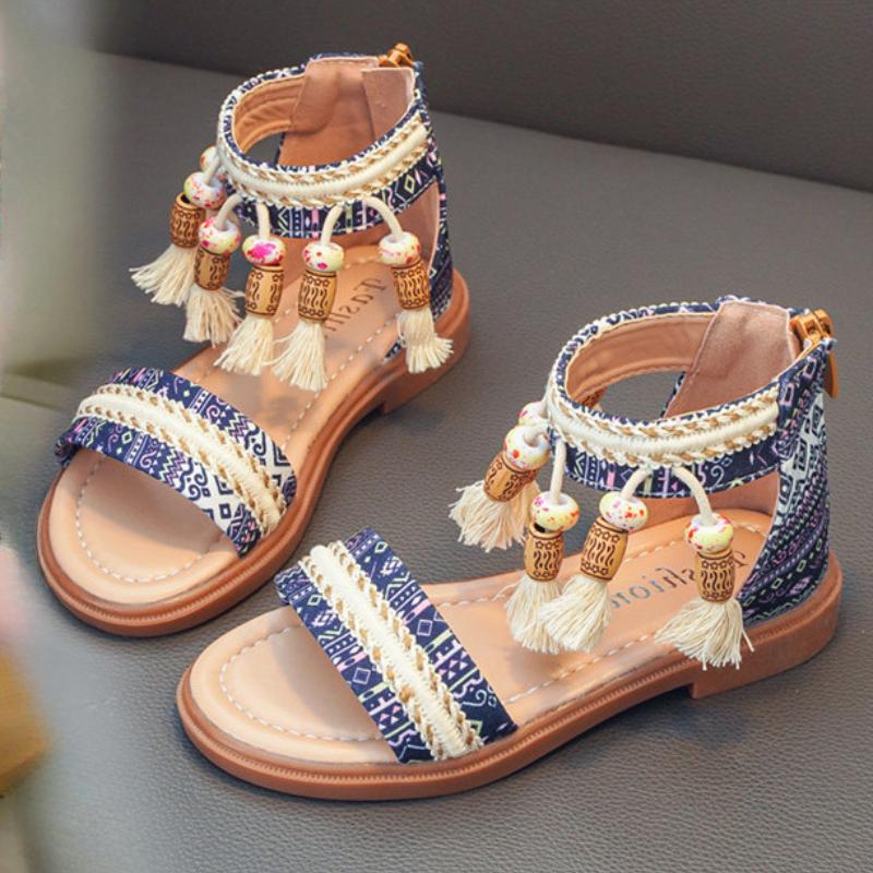 Children's Roman Shoes, Girls' Sandals, Summer Korean Edition, Middle and Large Children's Soft Bottom, Ethnic Style, Retro, Student Shoes