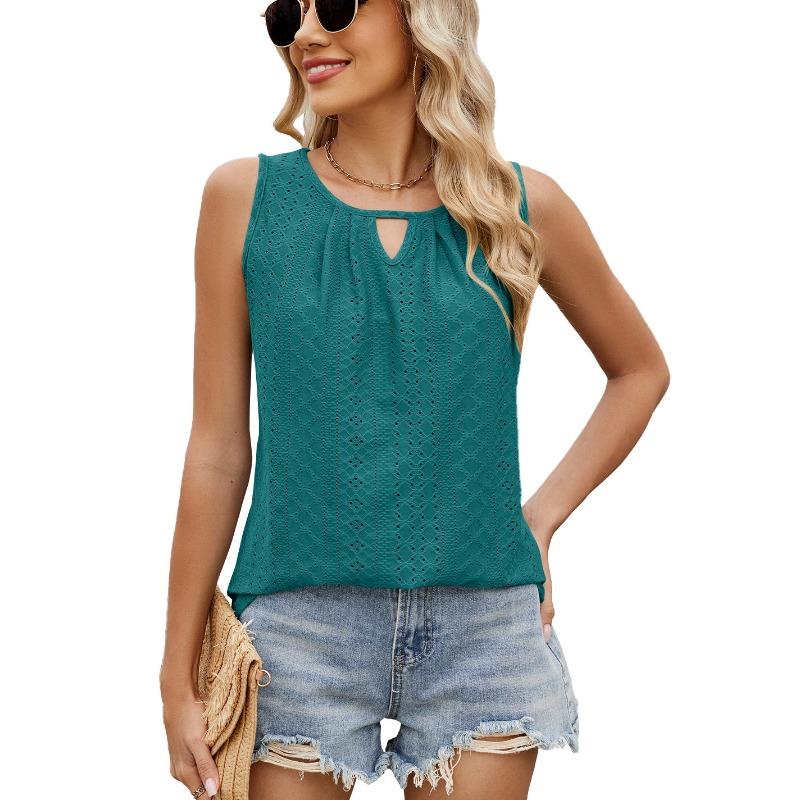Women's New Spring and Summer Round Neck Hollow Pleated Vest Sleeveless Top T-shirt
