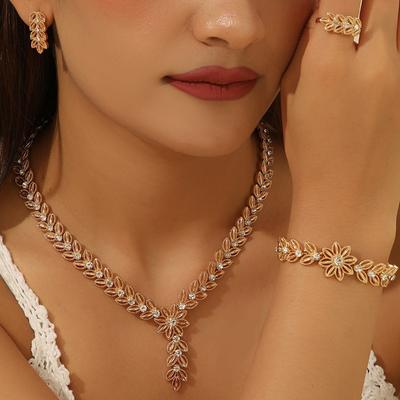 Leaves Shaped Necklace Crystal Earrings Bride Earrings Ring Bracelet for Women Party Gift Jewelry Accessories