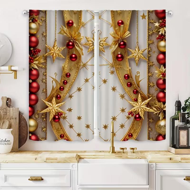 Set Of 2 Jit Golden Red Christmas Festive Curtain Decorative Privacy Polyester Holiday Home Decor Curtains Made
