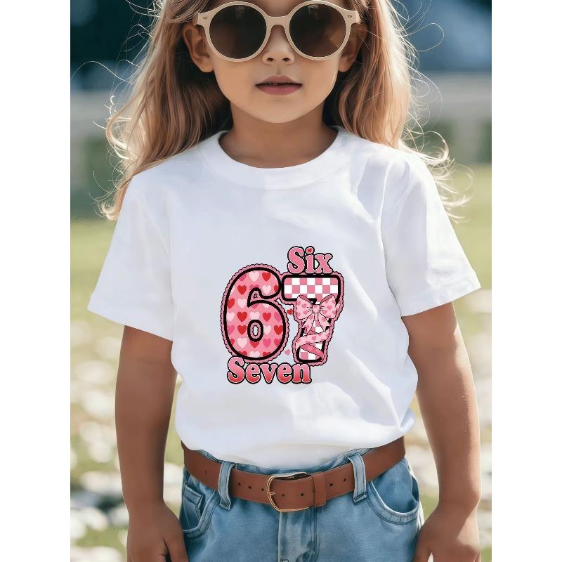 European sizes Pink Heart-Patterned Number 67 T-Shirt for Girls and Boys - Comfortable Casual Round-neck Design