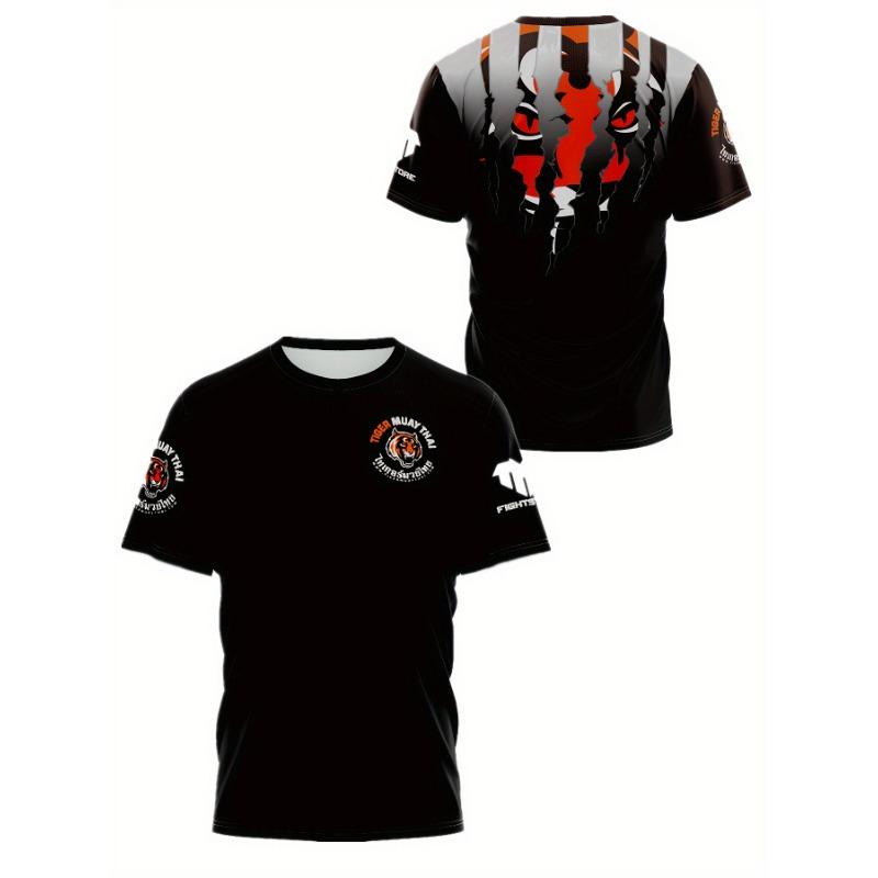 Men's sports T-shirt with round neck, short sleeves and stylish tiger face design, suitable for gym, MMA, running and outdoor activities