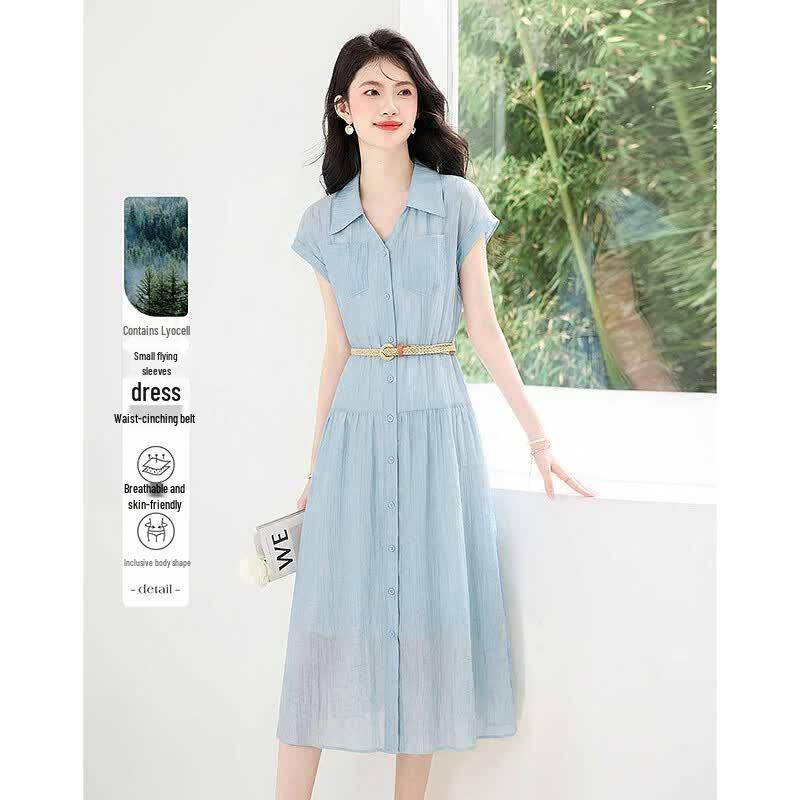 Elegant Belted Short Sleeve Midi Dress M