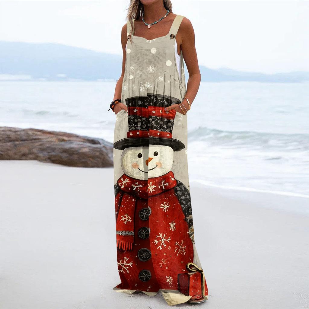 Women's Christmas Print Solid Wide Leg Strapless Tank Pocket Casual Onesie