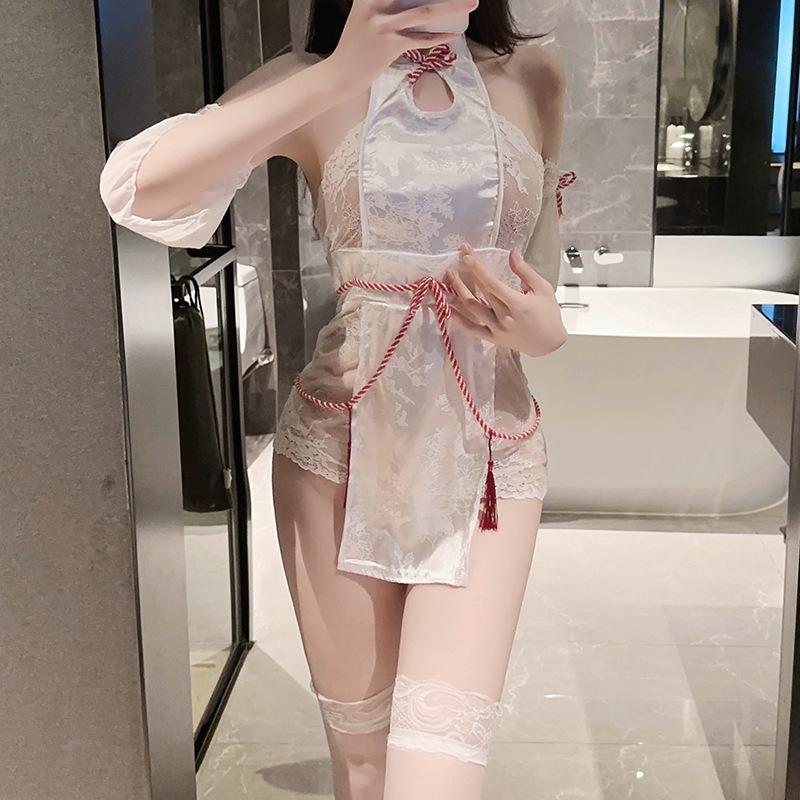 Sex underwear women's sexy hollowed-out cheongsam stand-up collar drawstring hip wrap pure desire antique Hanfu uniform pajamas set