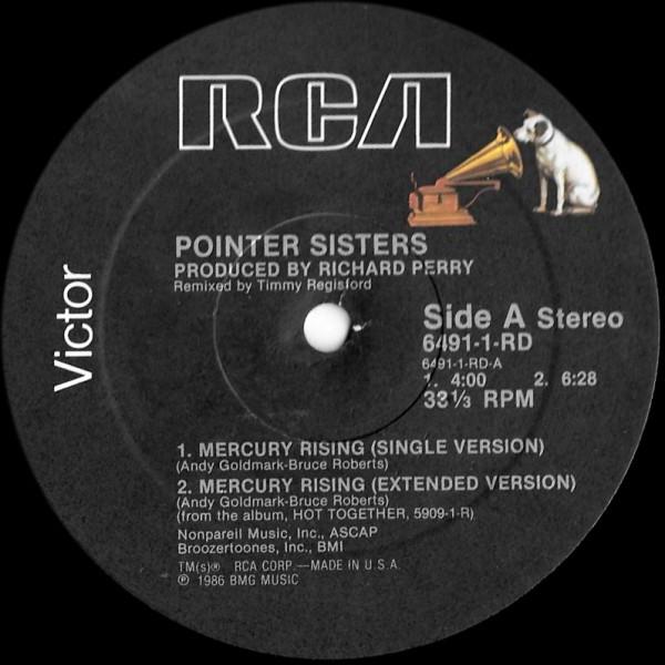 

12inch Record POINTER SISTERS - Mercury Rising 64911RD RCA Victor 1986 US Dance & Electronica Used
