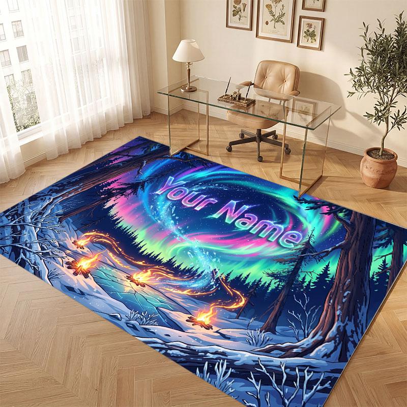 Christmas Winter Theme Crystal Velvet Floor Rug Personalized Custom Name Text Warm Carpet Home Decoration