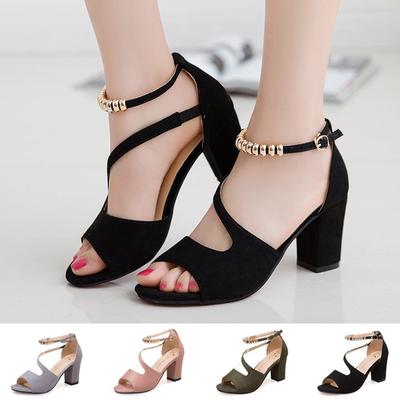 Spring Summer Sexy Fish Mouth Hollow Roman Sandals Thick with Word with Beaded High Heels Temale Summer Sexy Female Sandals