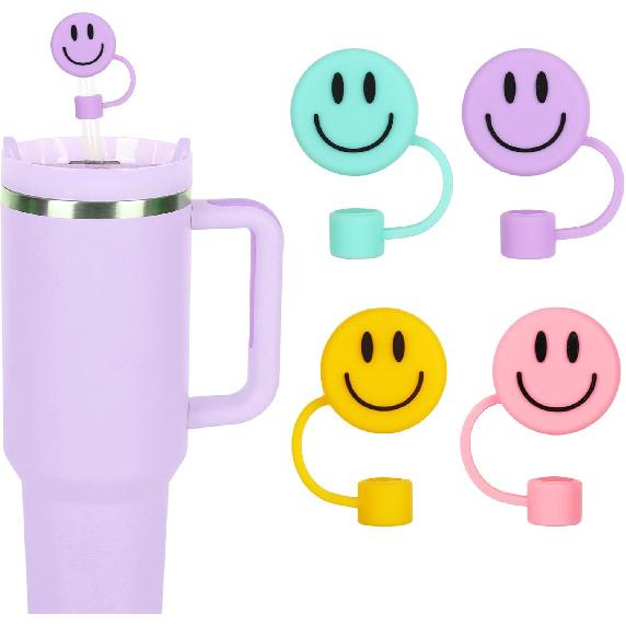 Whaline 4Pcs Smile Face Straw Cover Cap Pink Purple Mint Green Silicone Drinking Straw Topper 10mm 30&40 Oz Reble Straws Covers Double Sided Tumbler
