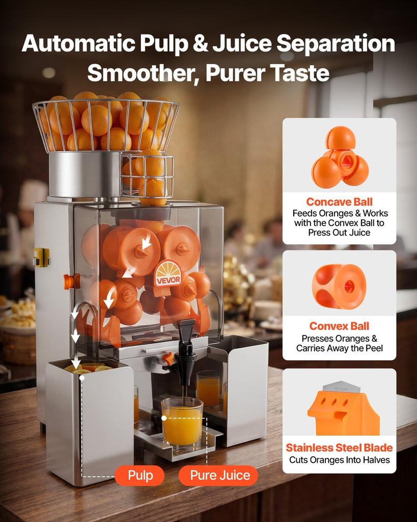 Commercial Orange Juicer Machine, 120W Electric Automatic Orange Squeezer, Lemon Citrus Pomegranates Extractor for 20 per Minute, Stainless Steel,
