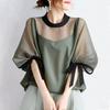 2025 Cross-border Summer Korean Round Neck Tie-Up Mid-Sleeve Top