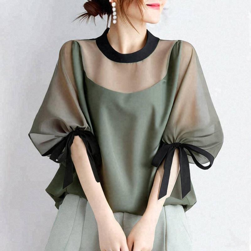 

2025 Cross-border Summer Korean Round Neck Tie-Up Mid-Sleeve Top Medium зелёный