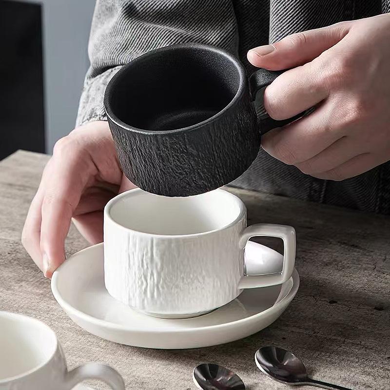 Baifenbai Home Furnishing Black/White/Light High-Value And Ceramic Cup And Saucer Set, Luxury Texture Coffee, Milk, Breakfast, Afternoon Tea, Rock Head Pattern Cup.